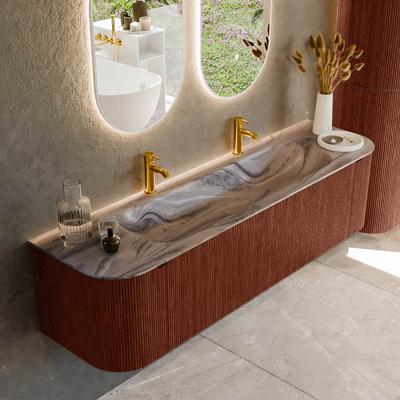 Badmeubel Mondiaz Kurve-Dlux | 170 cm | Meubelkleur Ruby | Wastafelkleur Sombra | Solid surface | Wasbak midden spoelbak | 2 kraangaten