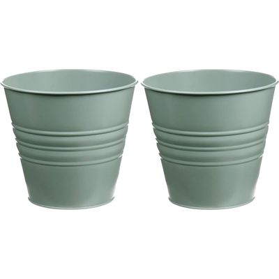 Zinken emmertje/bloempotje - 2x - groen - D16 x H13 cm - plantenpotten Zinken emmertje/bloempotje - 2x - groen - D16 x H13 cm - plantenpotten