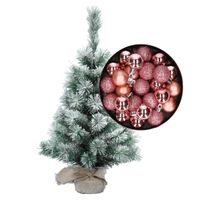 Besneeuwde mini kerstboom/kunst kerstboom 35 cm met kerstballen roze - thumbnail