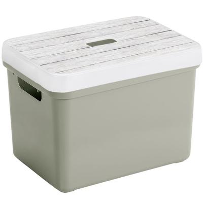 Sunware Opbergbox - lichtgroen - 18L - kunststof - met houtkleur deksel - 35 x 25 x 24 cm