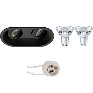 LED Spot Set - Pragmi Zano Pro - GU10 Fitting - Inbouw Ovaal Dubbel - Mat Zwart - Kantelbaar - 185x93mm - Philips - CorePro 827 36D - 4W - Zeer Warm Wit 2700K - Dimbaar