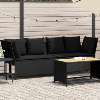 Tuinbank met kussens poly rattan zwart