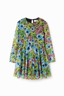 Tulen jurk met lange mouwen en bloemen - BLUE - 3/4