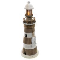 Vuurtoren beeldje met LED licht - Hout - 12 x 35 cm - wit/bruin - Maritieme decoraties binnen