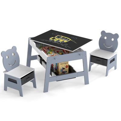 Kindertafel met 2 Stoelen 5-in-1 Schattige Kinderbureau Set met Omkeerbaar Schoolbord/Whiteboard 4 Haken Opbergruimte en Bakjes-Grijs-Model 1