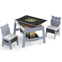 Kindertafel met 2 Stoelen 5-in-1 Schattige Kinderbureau Set met Omkeerbaar Schoolbord/Whiteboard 4 Haken Opbergruimte en Bakjes-Grijs-Model 1