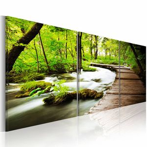 Schilderij - Pad door het Bos,  3luik  , groen bruin , premium print op canvas