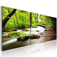 Schilderij - Pad door het Bos,  3luik  , groen bruin , premium print op canvas - thumbnail