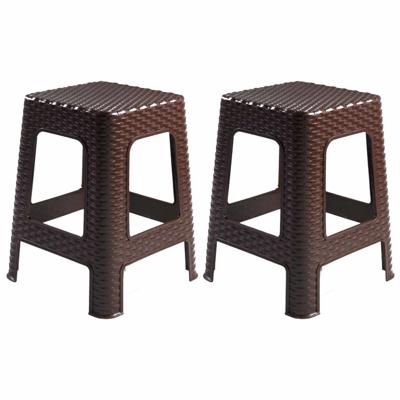 Rotan opstapje/zit krukje - 2x stuks - kunststof - bruin - 36 x 36 x 45 cm - Keuken/badkamer - Krukj