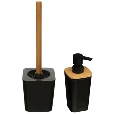 5Five Toiletborstel met houder - 38 cm - en zeeppompje van 300 ml - zwart / hout kleur