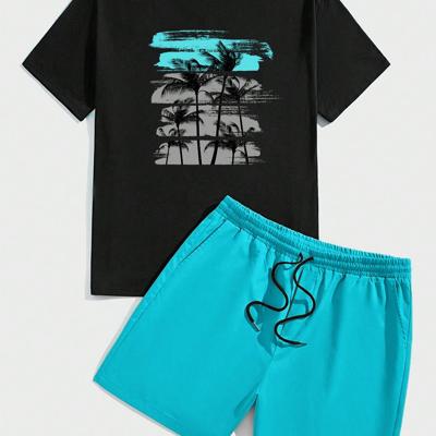 Bon&Bon Men's Plus Size Tropical Print T-Shirt and Shorts 2-Piece Set Multicolor-3 / 2XL