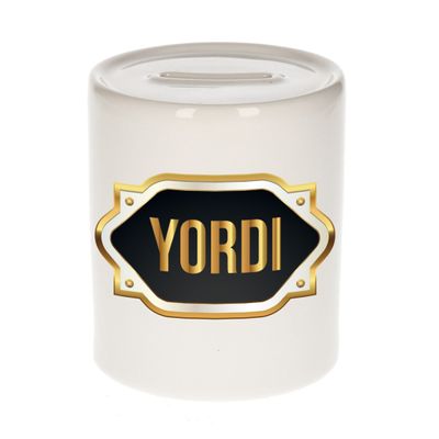 Naam cadeau spaarpot Yordi met gouden embleem