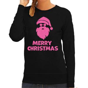 Foute kersttrui/sweater voor dames - Merry Christmas - zwart - glitter roze - Kerstman