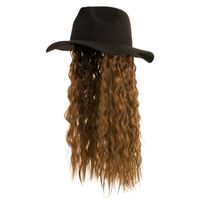 Zwarte hoed met haarstuk lange bruine krullen   -