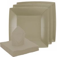 Feest/verjaardag servies set 10x bordjes/25x servetten - taupe/beige - karton