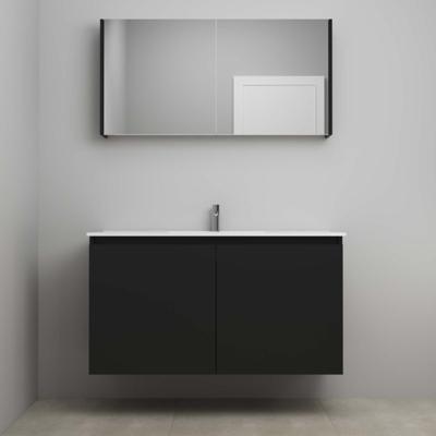 On-Line Badkamermeubelset - 120 cm - Bouwpakket - Greeploos 2 Deuren - Porseleinen Wastafel - 1 Kraangat - Spiegelkast - Mat Zwart