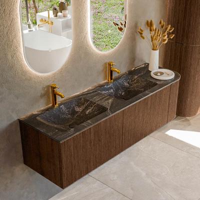 Badmeubel Mondiaz Kurve-Dlux | 155 cm | Meubelkleur Walnut | Wastafelkleur Lava | Solid surface | Dubbele spoelbak | 2 kraangaten