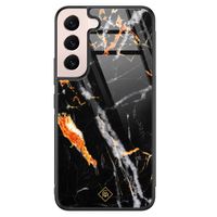 Samsung Galaxy S22 glazen hardcase - Marmer zwart oranje Samsung Galaxy S22 glazen hardcase - Marmer zwart oranje