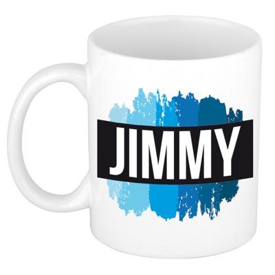 Jimmy naam cadeau koffie mok - beker - met blauw verfstrepen - Cadeau collega - vaderdag