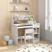 Houten Bureau voor Kinderen en Tieners Computerwerktafel met Nis en Boekenkast Toetsenbordlade Lade Opbergplanken Wit