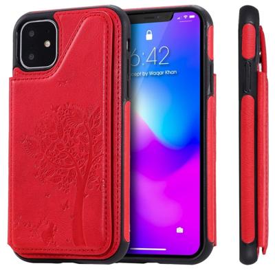 Voor iPhone XIR (2019) kat boom reliëf patroon schokbestendige beschermhoes met kaartsleuven & fotolijstjes (rood)