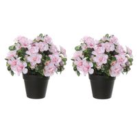 Azalea Kunstbloemen - 2 stuks - in pot - wit/roze - H28 cm