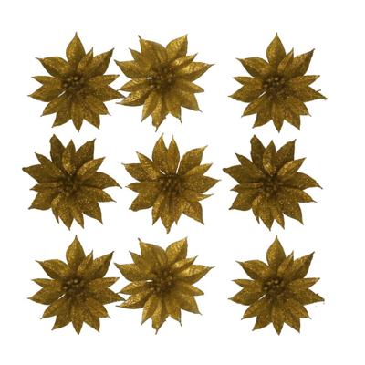 Kerstboomversiering Bloemen - 12x stuks - 9 cm - goud glitter - op clip
