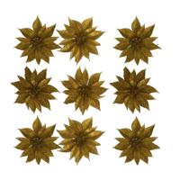 Kerstboomversiering Bloemen - 12x stuks - 9 cm - goud glitter - op clip
