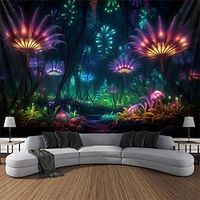 blacklight tapijt uv reactieve glow in the dark griezelige bloemen trippy misty natuur landschap hangend tapijt muur kunst muurschildering voor woonkamer slaapkamer Lightinthebox