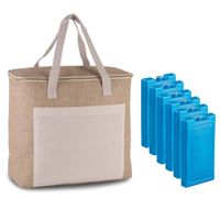 Grote koeltas jute/canvas 20 liter en 38 x 32 x 16 cm met 6x stuks koelelementen blauw