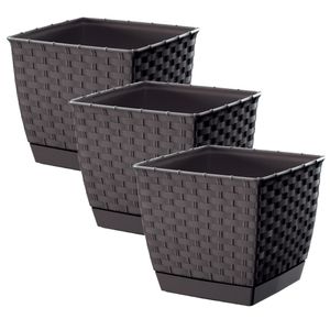 Set van 3x stuks plantenpotten/bloempotten rotan kunststof 16.5 x 16.5 cm en hoogte 14.2 cm donkerbr