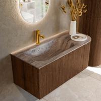 Badmeubel Mondiaz Kurve-Dlux | 105 cm | Meubelkleur Walnut | Wastafelkleur Oza | Solid surface | Wasbak linker zijde spoelbak | 1 kraangat