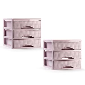 Ladeblokje/bureau organizer - 2x - 3 lades - roze - L18 x B23 x H17 cm - plastic