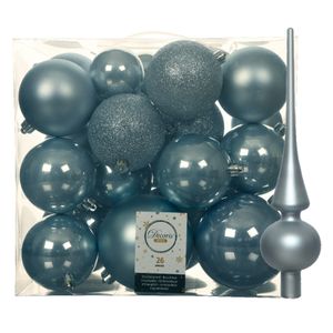 Set van 26x stuks kunststof kerstballen incl. glazen piek mat lichtblauw