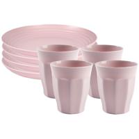 Servies van kunststof - 8x dinerborden en 8x drinkbekers - roze