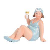Home decoratie beeldje dikke dame zittend - blauw badpak - 17 cm   -