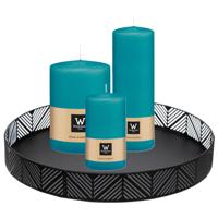Cilinderkaarsen stompkaarsen - set van 3x - op dienblad - turquoise - 6 x 12 - 10x15 - 7x20 cm