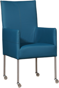 Blauwe leren moderne eetkamerstoel Spark - poot rond rvs met wiel - Hermes Leer Turquoise (blauw leer)