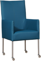 Blauwe leren moderne eetkamerstoel Spark - poot rond rvs met wiel - Hermes Leer Turquoise (blauw leer)