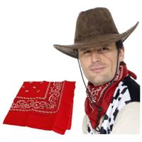 Cowboys verkleedset heren - Cowboyhoed bruin suede look - met rode western zakdoek
