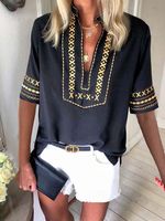 Paisley Short Sleeve Printed Polyester V neck Vintage Summer Black Shirt - thumbnail