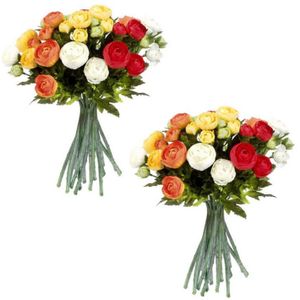 3x stuks oranje/wit Ranunculus/ranonkel kunstbloemen boeket 35 cm