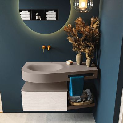 MONDIAZ RIVA 100cm badmeubel onderkast / planchet kleur Underlayment met 1 lade. Wastafel DULCET links 0 kraangaten kleur Smoke.