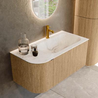 Badmeubel Mondiaz Kurve-Dlux | 95 cm | Meubelkleur Oak | Wastafelkleur Frappe | Solid surface | Rechts spoelbak | 1 kraangat