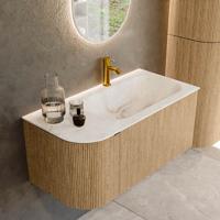 Badmeubel Mondiaz Kurve-Dlux | 95 cm | Meubelkleur Oak | Wastafelkleur Frappe | Solid surface | Rechts spoelbak | 1 kraangat