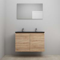 On-Line Badkamermeubelset - 100 cm - Bouwpakket - Greeploze Ladestructuur - Acryl Wastafel - 2 Kraangaten - Spiegel - Eiken