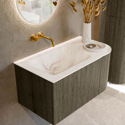 Badmeubel Mondiaz Kurve-Dlux | 85 cm cm | Meubelkleur Shadow | Wastafelkleur Frappe | Solid surface | Wasbak links zijde spoelbak | Zonder kraangat(en)