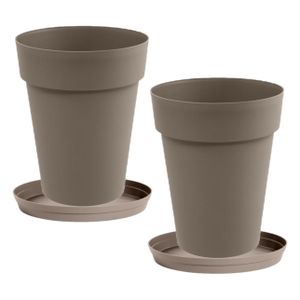 Set van 2x stuks bloempotten Toscane kunststof taupe D44 x H53 cm inclusief onderschalen D35 cm