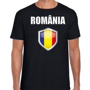 Roemenie landen supporter t-shirt met Roemeense vlag schild zwart heren