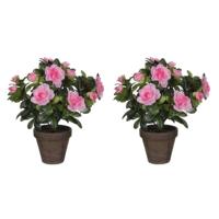 Mica Decorations Kunstplant - 3x - Azalea - groen/lichtroze - 27 cm - Met mooie bloemen